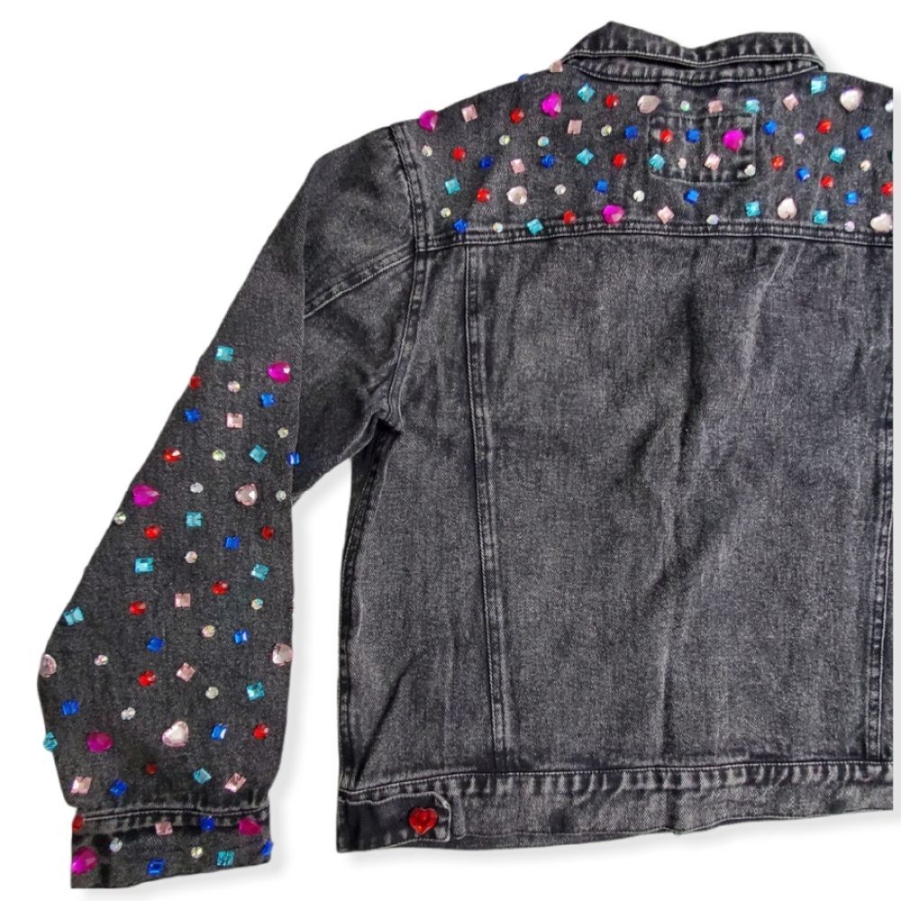Rock Glam Rhinestone Studded Black Denim Jacket Bedazzled Vintage Size 10 - Picture 12 of 15
